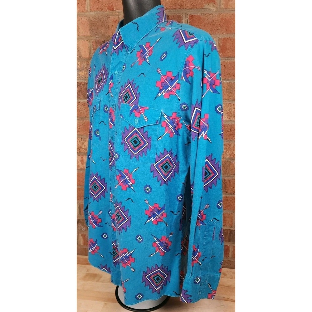 Wrangler Brushpopper Shirt Size XL 16.5 34 Blue Aztec Cowboy Western Southwest - Picture 2 of 7